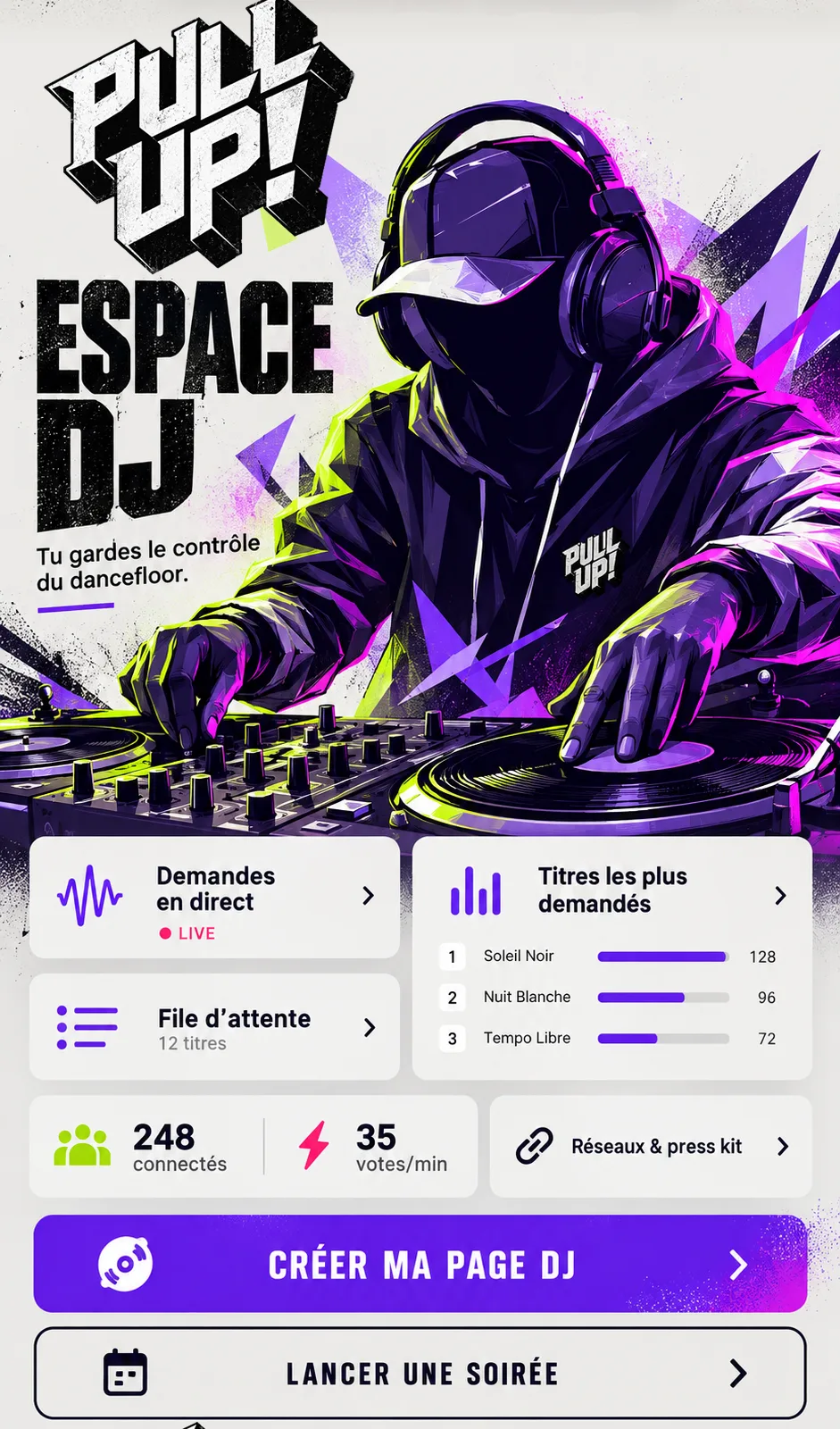 Espace artiste : demandes en direct, titres les plus demandés, file d'attente.