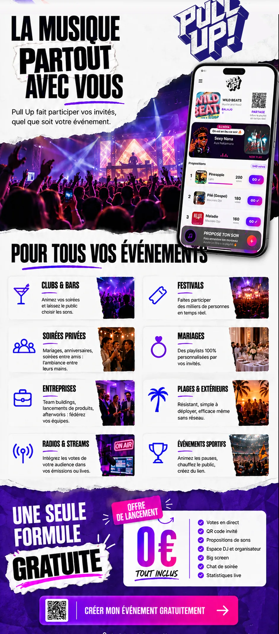 Pull up pour tous vos événements : mariages, clubs, festivals, cocktails, soirées privées, corporate, événements sportifs et plus.
