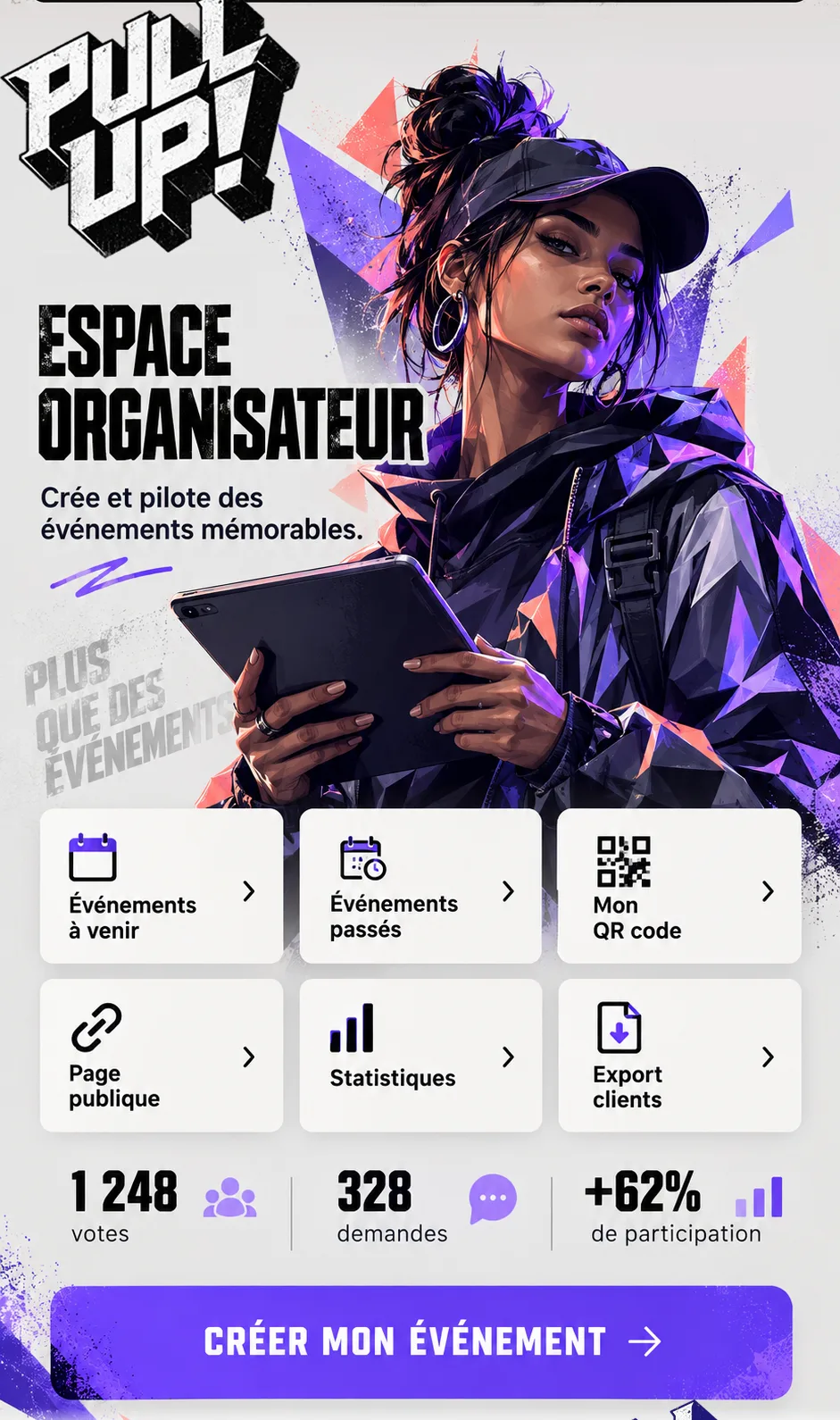 Espace Organisateur : créer un événement, suivre les votes en direct.